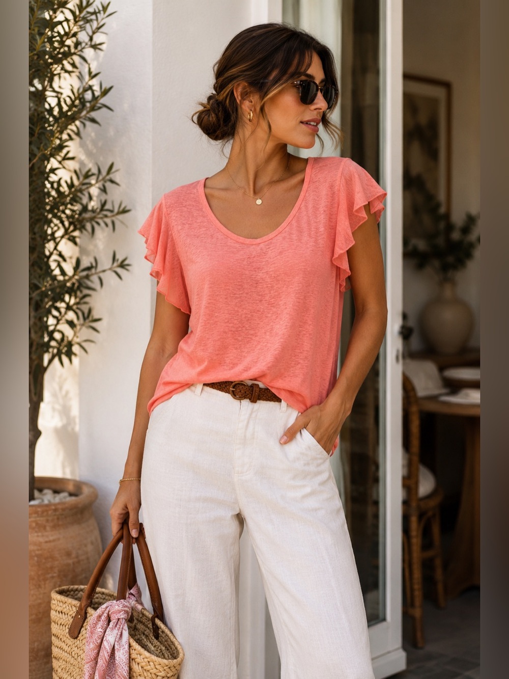 Vintage Coral Ruffle Sleeve Tee - Short Sleeve Casual Top